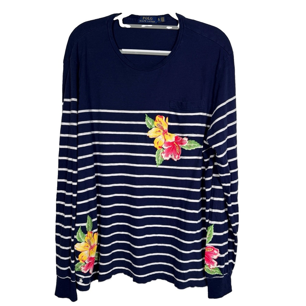 Polo Ralph Lauren Navy Blue Striped Floral Print Long Sleeve Shirt Women Size XL